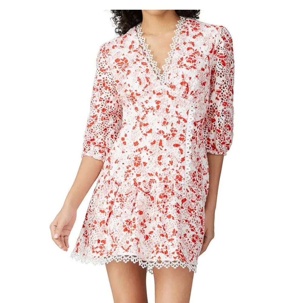 La Maison Talulah Dance & Romance Red White Lace Eyelet V-neck Flirty Mini Dress